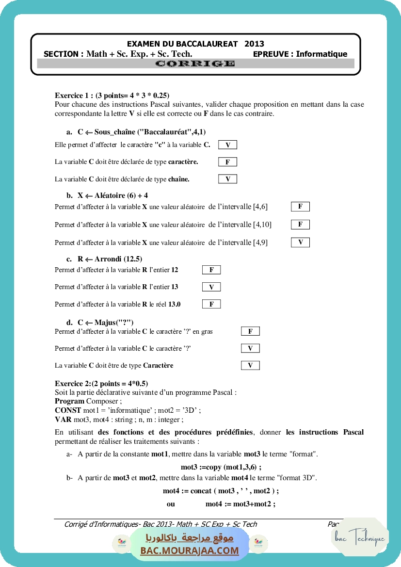 Corrigé principale info Bac 2013 – Section technique
